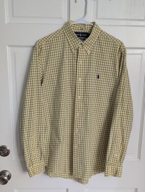 Ralph Lauren Men's Yellow and Navy Size Large Custom Fit Button Shirt